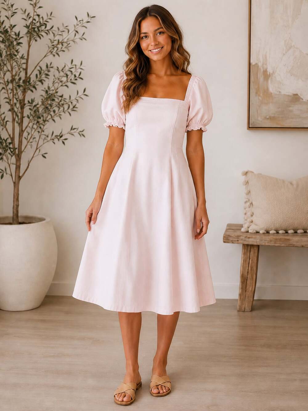 One Loved Babe Pink Puff Sleeve Midi Dress Square Neck Cottagecore Women’s L